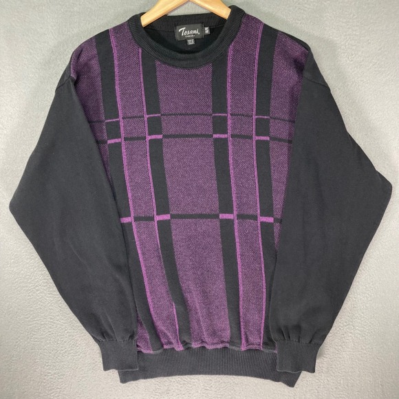 Other - Tosani Canada Mens XL‎ Black Purple Plaid Crew Next Sweater Made in Canada 90s